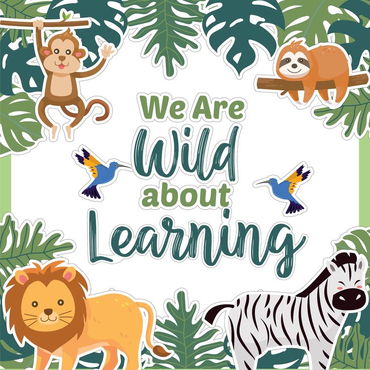 we are wild about learning with jungle animals and monkeys on white background, surrounded by green leaves