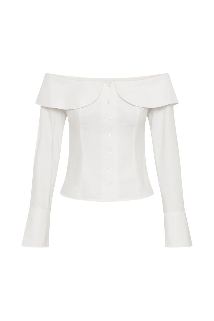 Classic everyday. The SPENCER Off Shoulder Shirting Top effortlessly blends classic tailoring with a modern twist. Featuring a centre front button closure and rounded collar shaping, this top showcases a chic Bardot neckline that elegantly frames the shoulders. Its fitted design and long sleeves with flared cuffs add a touch of sophistication and drama. Perfectly versatile, the Spencer pairs beautifully with the Angie Pleated Buckle Mini Skirt for a playful, refined look or with the Penelope Ple Chic Semi-formal Blouse With Hidden Button Closure, Chic Summer Blouse With Fold Down Collar, Chic Fold Down Collar Summer Blouse, Chic Fold Down Collar Blouse For Summer, Elegant Shirt With Button Closure For Daywear, Fitted Summer Blouse With Fold Down Collar, Summer Fitted Blouse With Collar, Elegant Tops With Button Closure, Elegant Semi-formal Tops With Lapel Collar