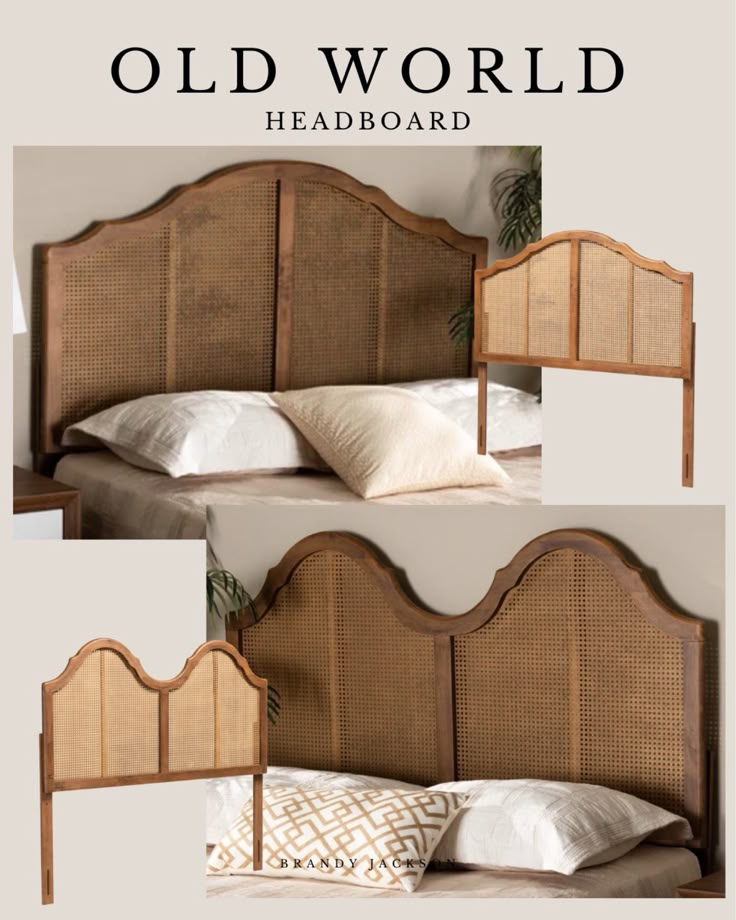 an old world headboard is shown in three different stages, including the top and bottom