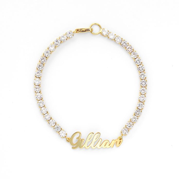 A classic look just for her, this glittering bracelet is certain to delight. A row of round stones radiate optimal shimmer. Uniquely designed, each shimmering stone is set to appear extra large and more brilliant, creating twice the sparkle. This classic name bracelet can come with yours or your loved one's name. She'll never tire of wearing this classic and sophisticated bracelet.Carat Weight: 5.78 ctStone Size: 2.8 mmNumber of Stones: 34 Stone Color: Diamond WhiteStone Shape: RoundMaterial: 92 Crystal Diamond Bracelet As A Gift, Crystal Diamond Bracelet With Sparkling Stones As Gift, Crystal Diamond Bracelet For Gifts, Dazzling White Bracelets With Sparkling Stones, Classic Diamond Bracelet With Sparkling Detail, Adjustable Gold Iced Out Bracelets, Sparkling Diamond Bracelet For Anniversary, Sparkling Diamond Crystal Bracelet As Gift, Sparkling Diamond Crystal Bracelet For Gift