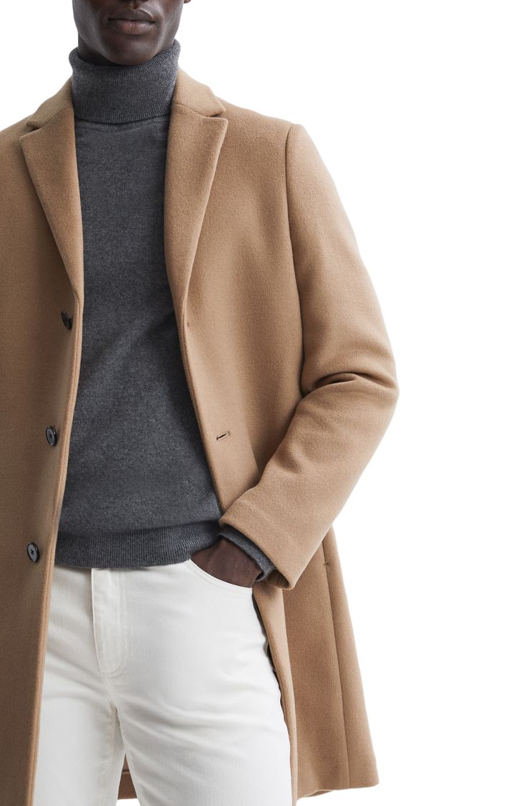 A soft and warm wool blend elevates a handsome overcoat with versatile appeal. 37" length (size Medium) Notched lapels 60% wool, 22% viscose, 18% nylon Dry clean Imported Classic Beige Cashmere Sweater Coat, Beige Wool Coat With Notch Lapel, Beige Notch Lapel Wool Coat, Beige Long Wool Coat With Concealed Placket, Classic Brown Wool Coat For Business Casual, Beige Wool Coat With Concealed Placket For Business, Classic Long Sleeve Sweater Coat For Business, Solid Cashmere Long Coat, Beige Single-breasted Wool Coat For Business Casual