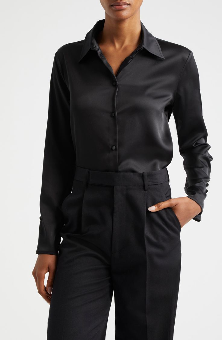 This picture-of-polish shirt is crafted from luxe satin with covered buttons at the front, back and cuffs. Front button closure Spread collar Long sleeves with three-button cuffs 100% polyester Dry clean Made in Turkey Elegant Satin Shirt With Spread Collar, Elegant Satin Top With Spread Collar, Classic Satin Shirt With Spread Collar, Fitted Satin Shirt With Spread Collar, Classic Long Sleeve Shirt For Evening, Classic Long Sleeve Evening Shirt, Luxury Silk Shirt With Button Cuffs, Sleek Silk Office Shirt, Elegant Silk Button-up Shirt