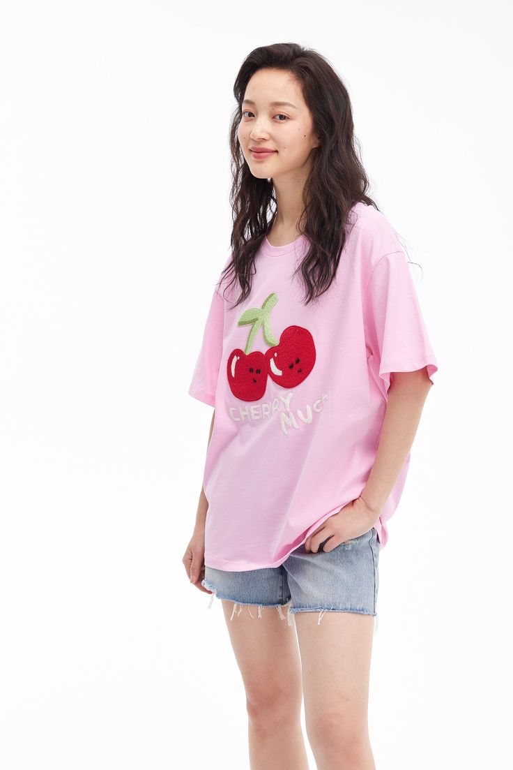 Details: Romantic pink cotton short-sleeved T-shirt Cute cherry print on the chest Round neck, dropped shoulders, ribbed trim Color hem Materials & Care: Cotton 100% Hand wash | Dry clean Do not bleach Size & Fit: Model is 5'7", Bust 32, Waist 24, Hips 35, wearing a size S Item #: WM2TE29 Pink Casual T-shirt For Spring, Pink Cotton T-shirt With Cherry Print, Pink Cotton T-shirt For Summer, Pink T-shirt For Summer Loungewear, Cute Oversized T-shirt For Spring, Pink Graphic Print T-shirt For Loungewear, Casual Pink Short Sleeve T-shirt, Pink Cherry Print Cotton Top, Cute Pink Short Sleeve T-shirt