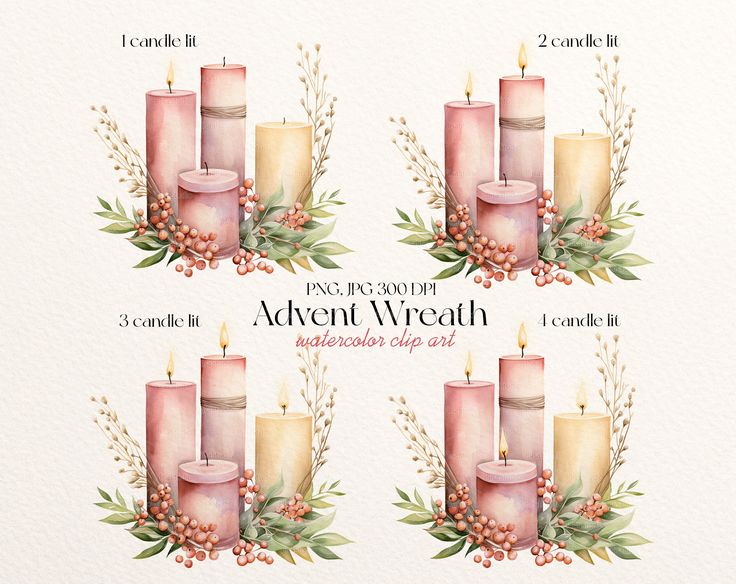 four pink candles with greenery and berries around them on a watercolor paper background