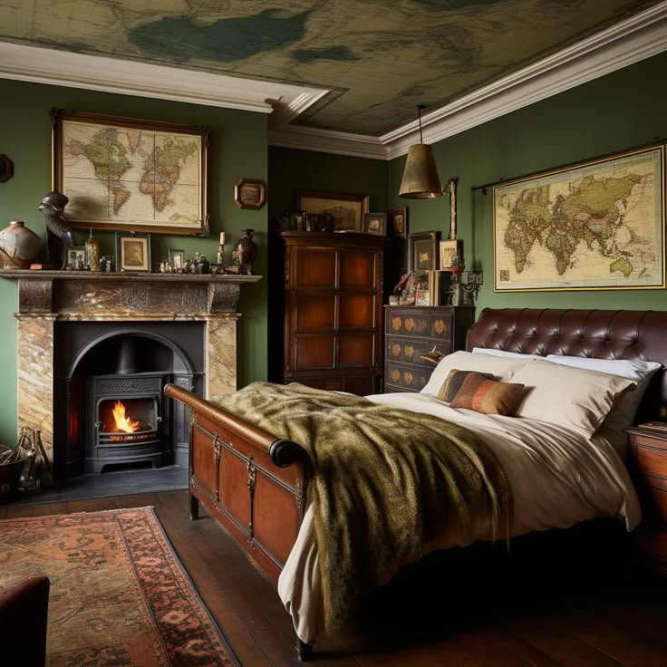 a bedroom with a bed, fireplace and pictures on the wall