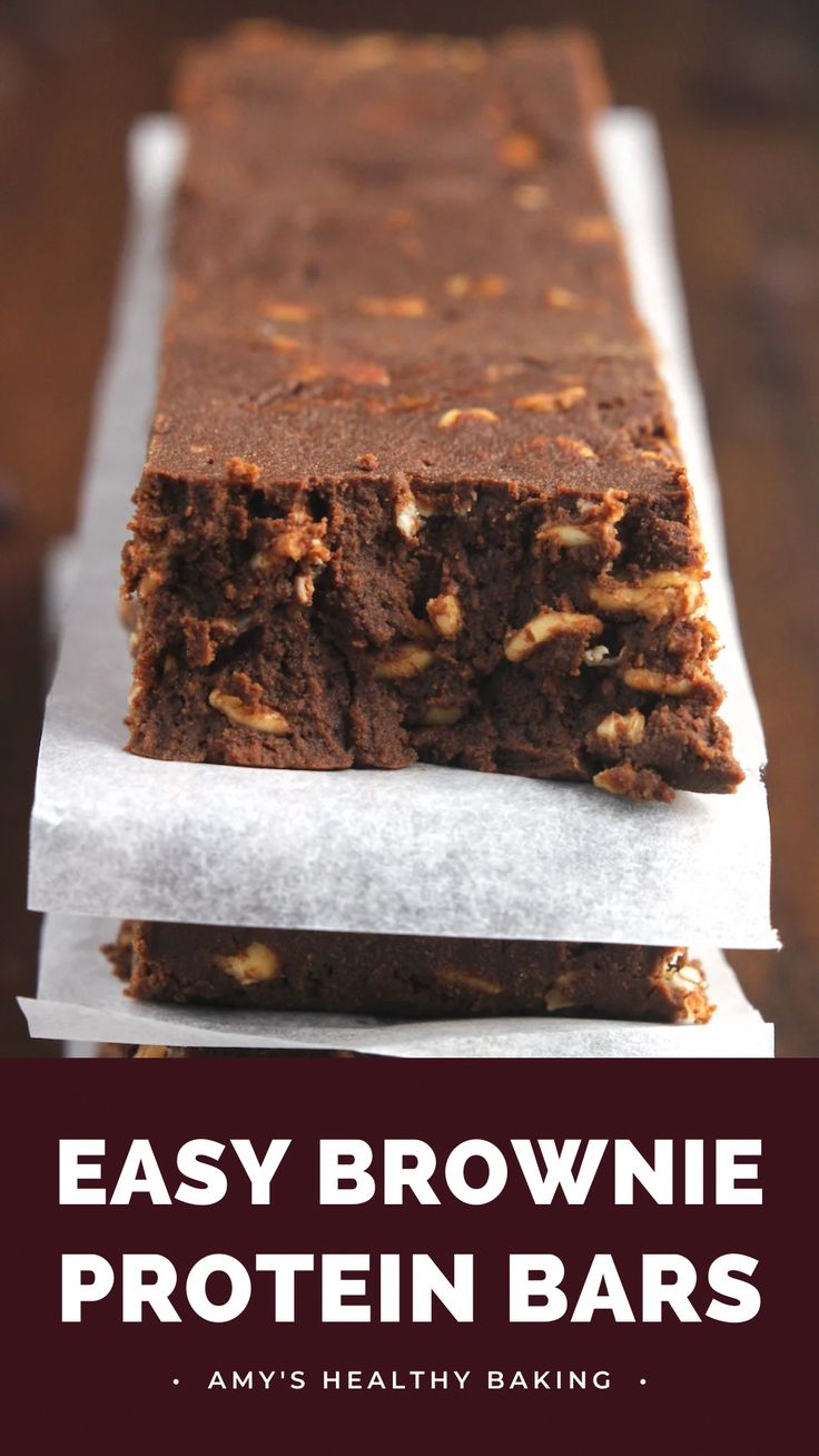 easy brownie protein bars with nuts on top and text overlay that says easy brownie protein bars