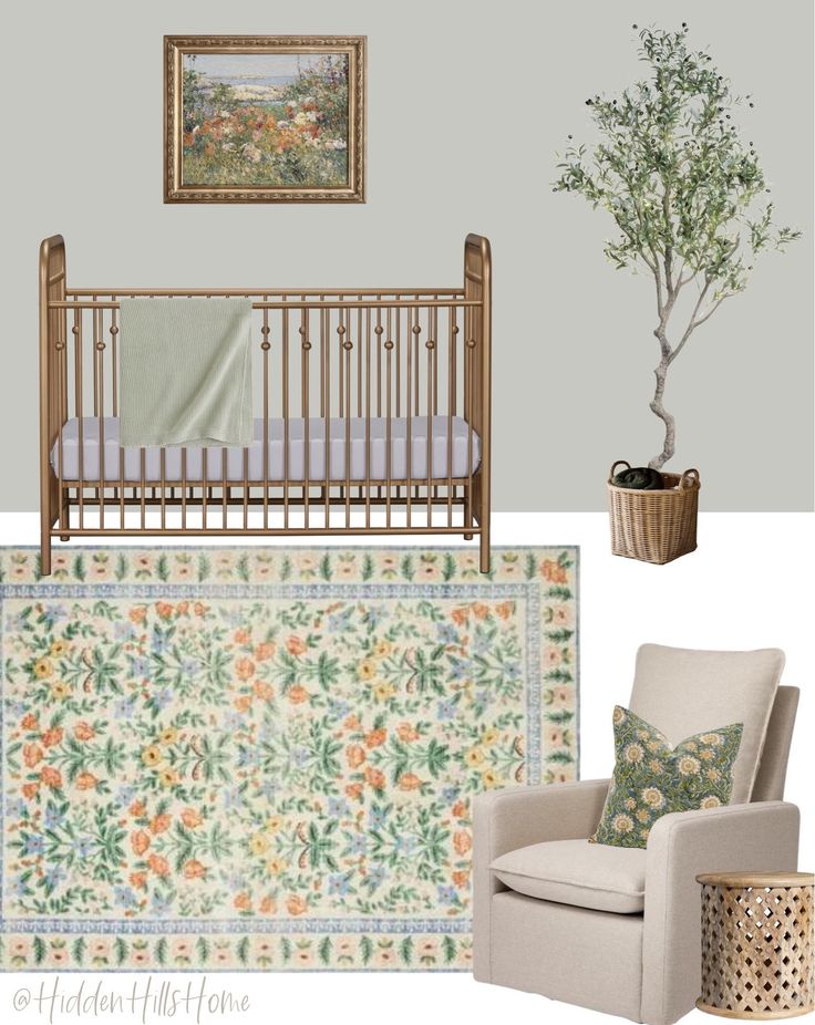 a baby's room with a crib, chair, rug and potted plant