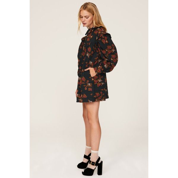 Black floral crepe (100% Cotton, Embroidery: 100% Polyester). Shift. Long sleeves. Collar. Back button closure. 33" from shoulder to hemline. Imported. Chic Floral Print Mini Dress For Fall, Long Sleeve Floral Print Mini Dress For Work, Chic Floral Dress For Garden Party In Fall, Chic Floral Dress For Fall Garden Party, Long Sleeve Floral Dress For Fall Garden Party, Long Sleeve Floral Dress For Garden Party In Fall, Spring Workwear Dresses With Floral Embroidery, Floral Print Mini Dress For Work, Chic Floral Dress For Fall