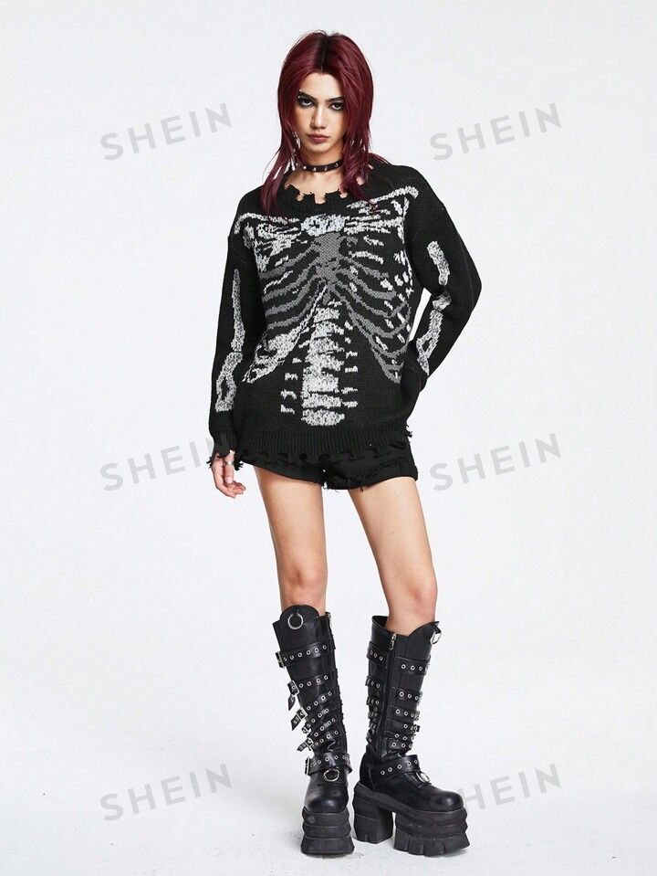 Free Returns ✓ Free Shipping✓. ROMWE Grunge Punk Skeleton Pattern Ripped Trim Sweater- Women Sweaters at SHEIN. Punk Sweater, Punk Skeleton, Skeleton Pattern, Goth Clothing, Grunge Punk, Women Sweaters, Goth Outfits, Sweater Women, Skeleton