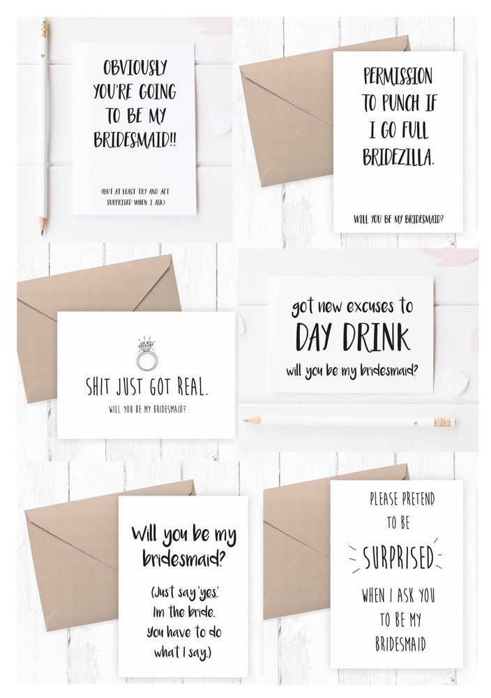 six cards with different sayings on them, including one that says i will you be my bridesmaid?