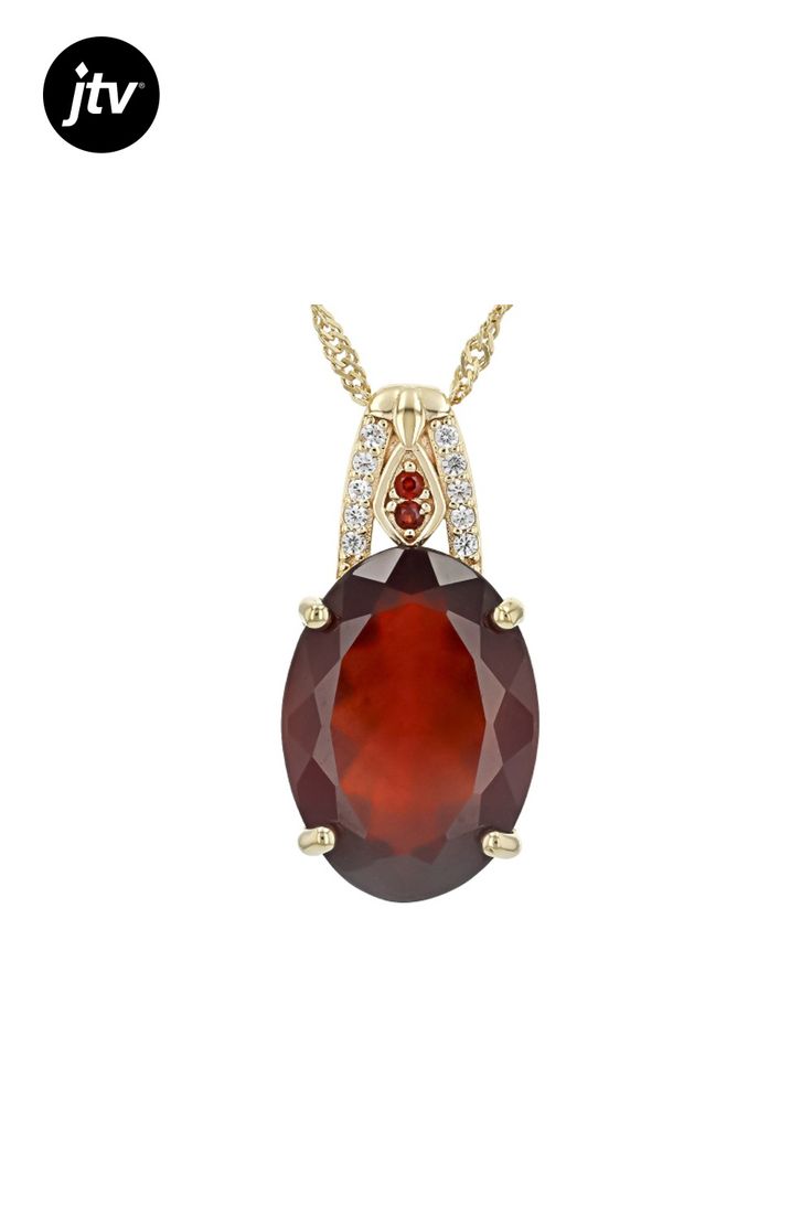 11.76ct Oval Red Hessonite With 0.12ctw Round White Zircon And 0.03ctw Round Red Garnet 18k Yellow Gold Over Sterling Silver Pendant With 18" Singapore Chain. Measures Approximately 0.98"L x 0.49"W. Lobster Claw Clasp. Accent Stones Primarily Zircon. Luxury Ruby Jewelry With Accent Stones, Formal Ruby Gemstones With Accent Stones, 14k Gold Necklaces With Accent Stones For Formal Occasions, Formal Yellow Gold Necklace With Accent Stones, Yellow Gold Ruby Gemstones With Accents, Exquisite Red Jewelry With Gemstone Accents, Elegant Red Polished Gemstones, Fine Jewelry With Red Gemstone Accents, Formal Oval Garnet Pendant Jewelry