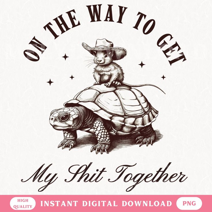 an image of a mouse riding on top of a turtle with the words, on the way to get my hit together