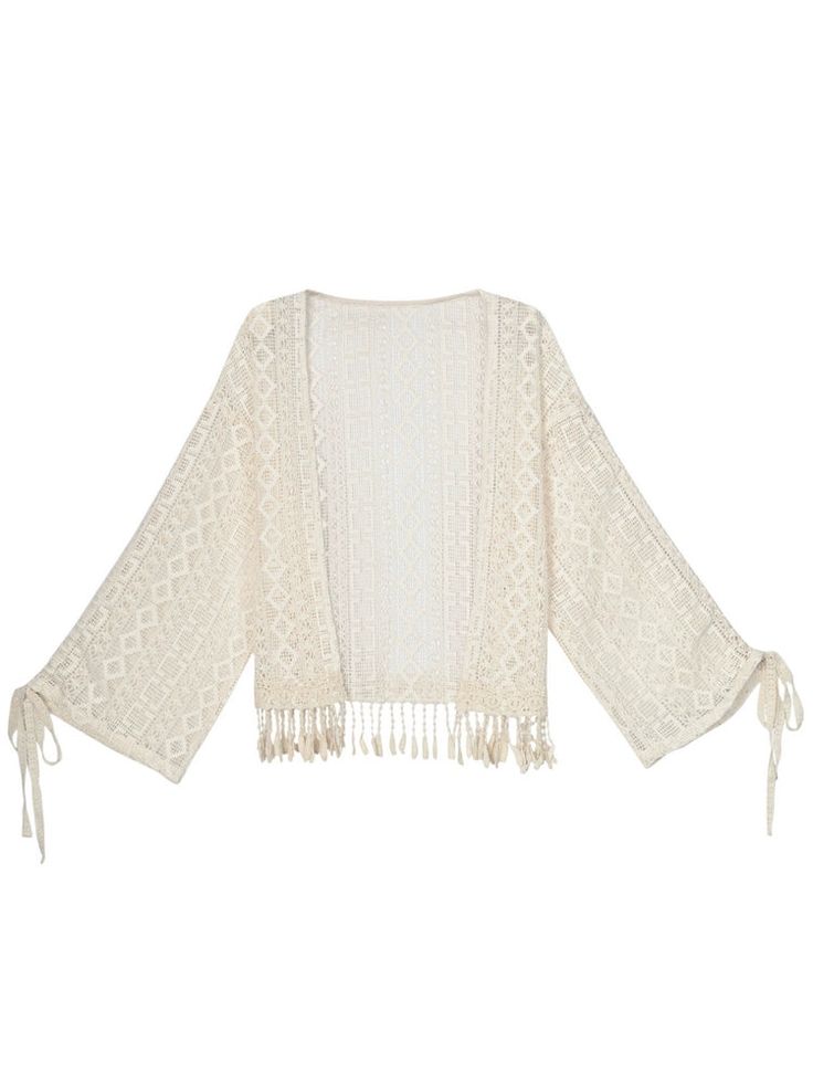 Dali Dream Lace Tassel Cut Out Coat-ntbhshop White Tasseled Outerwear For Spring, White Spring Outerwear With Tassels, Summer Long Sleeve Outerwear With Fringe, White Long Sleeve Outerwear With Tassels, Bohemian Beige Outerwear For Day Out, Beige Bohemian Outerwear For Day Out, Summer Cotton Fringe Outerwear, Cream Summer Outerwear For Day Out, White Cotton Summer Outerwear