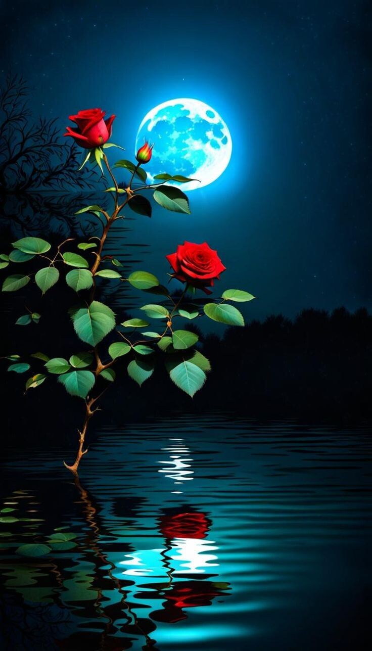 two red roses sitting on top of a tree next to the water under a full moon