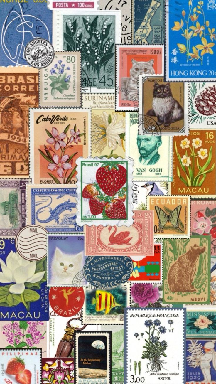 a collage of stamps with animals and flowers on them, all in different colors