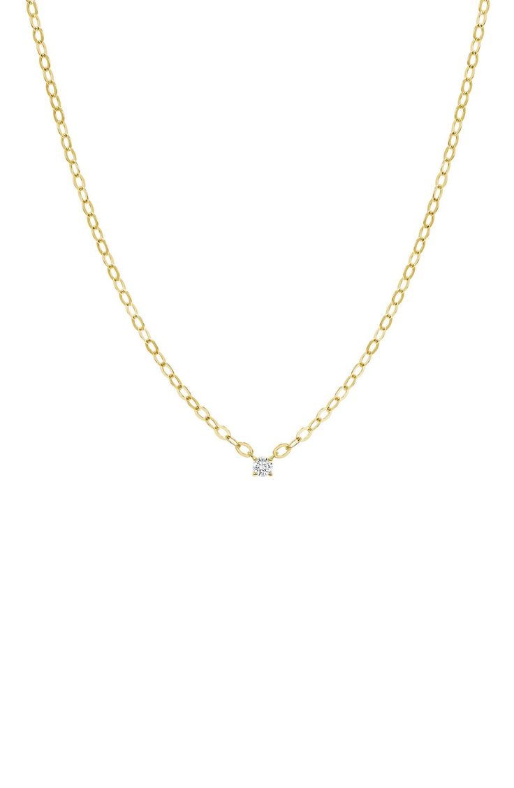 A round-cut solitaire diamond adds elegant sparkle to a necklace crafted from gleaming 14-karat gold. 15" length; 3" extender Total diamond weight: 0.11ct. 14k gold/diamond Imported Diamond Guide 14k Yellow Gold Solitaire Diamond Necklace, Dainty Solitaire Yellow Gold Diamond Necklace, Dainty Yellow Gold Solitaire Diamond Necklace, Dainty Yellow Gold Diamond Necklace In Prong Setting, Dainty Yellow Gold Diamond Necklace With Prong Setting, Classic 14k Gold Diamond Necklace With Single Diamond, Classic 14k Gold Diamond Necklace With Single Stone, Gold Solitaire Diamond Necklace Timeless Style, Classic Diamond Birthstone Necklace With Diamond Cut