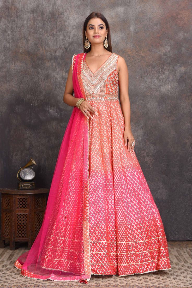 Shop beautiful peach and pink floorlength chanderi Banarasi Anarkali suit online in USA. Set a style statement on special occasions in exquisite designer lehengas, Anarkali suits, sharara suits, salwar suits, Indowestern outfits from Pure Elegance Indian fashion store in USA.-full view Banarasi Anarkali, Indowestern Outfits, Suits Sharara, Sharara Suits, Designer Lehengas, Fashion Journals, Traditional Fabric, Anarkali Suit, Anarkali Suits