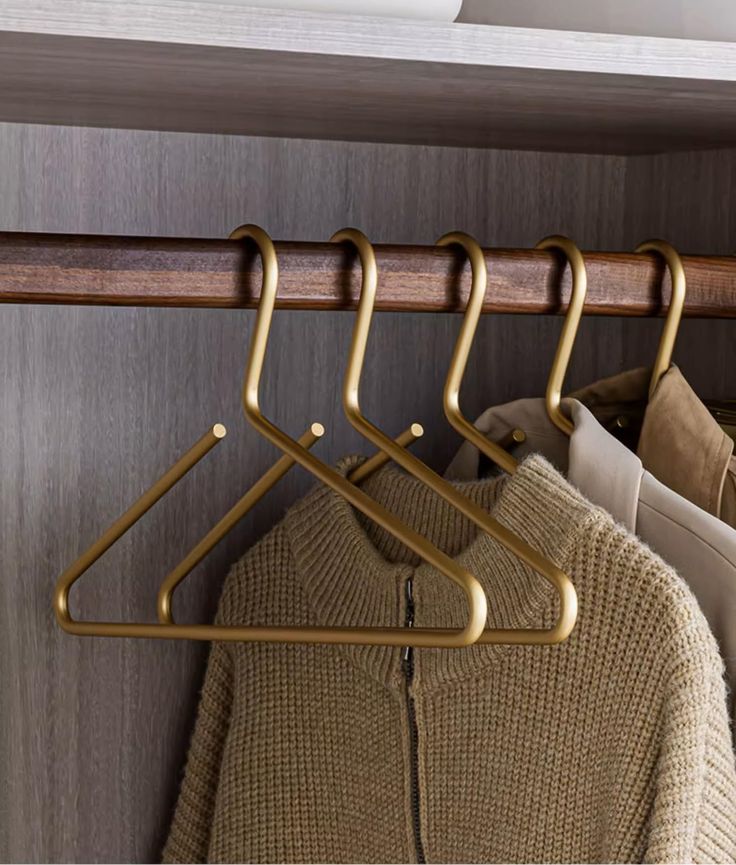 three clothes hangers are hanging on a coat rack in front of a sweater and shoes