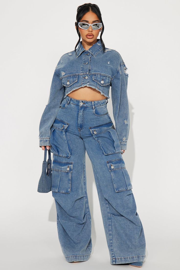 Just Between Us Denim Pant Set - Blue | Fashion Nova, Matching Sets | Fashion Nova Denim Set, Denim Cargo Pants, Cargo Pants Outfit, Between Us, Causual Outfits, Bad Bunny, Curve Dresses, Fancy Outfits, Cropped Jacket