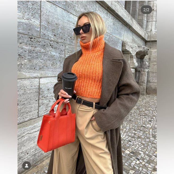 Brand New. Round Knit Top With Long Sleeves Orange Turtleneck Outfit, Orange Turtleneck, Zara Turtleneck, Turtleneck Outfit, Turtleneck Sweaters, Orange Sweater, Thick Sweater, Top With Long Sleeves, Outfit Mujer