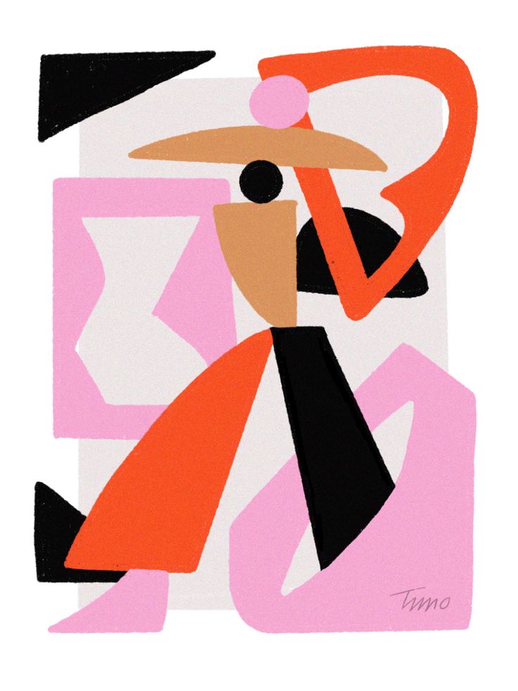 an abstract painting of a woman in pink and black, with her hand on her face