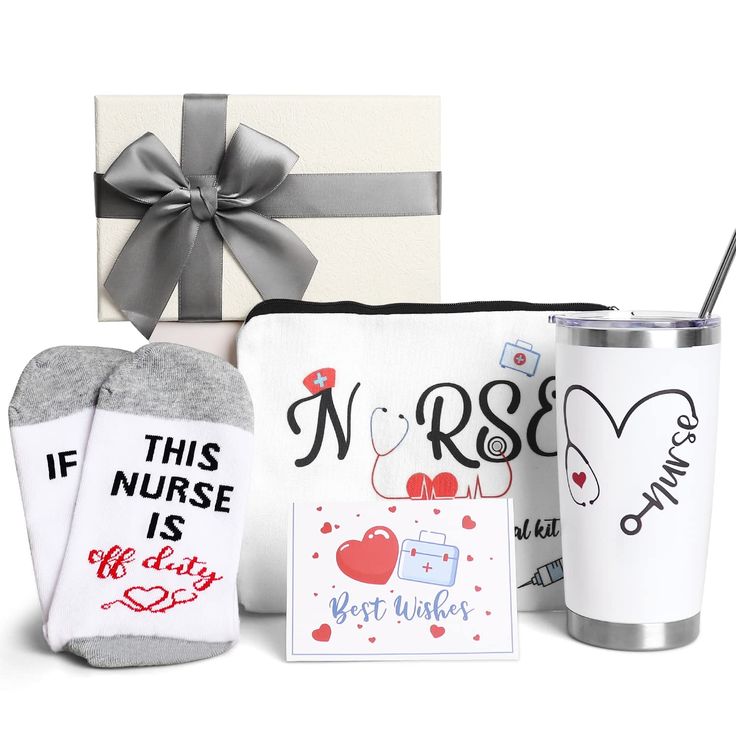 the nurse gift set includes two mugs, socks, and a note card with a bow