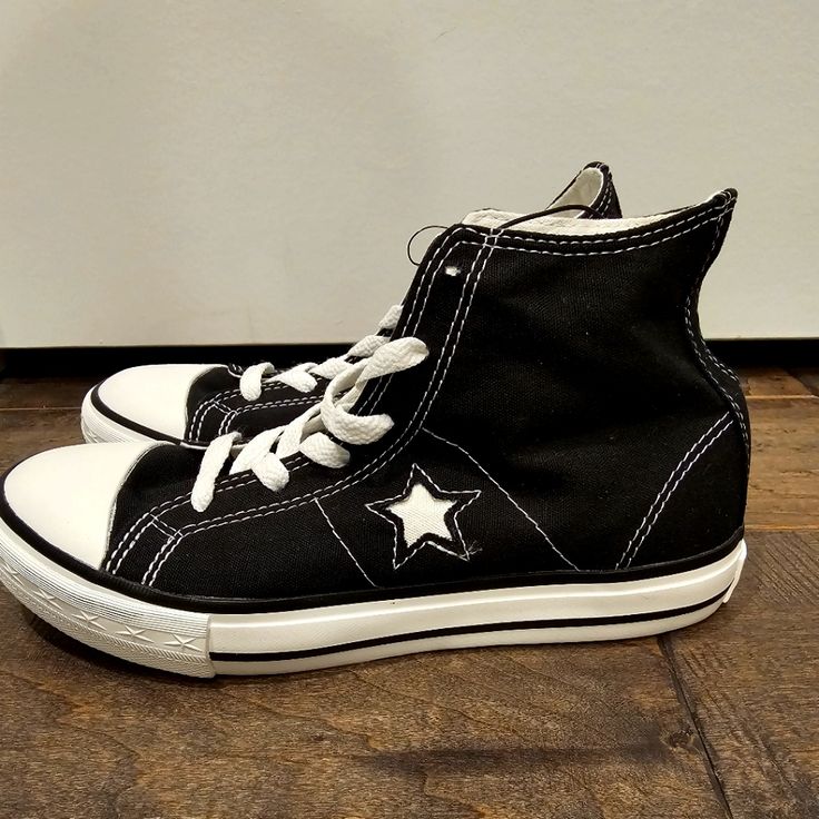 Nwot Black One Star Canvas High Top Sneakers With A White Star On Inside And Outside Of Each Shoe, White Stitching And White Laces. Converse One Star Tag On Shoe Tongue And One Star Logo On Shoe Back. White Rubber Outsole. Converse Round Toe Canvas Shoes For School, Converse High-top Sneakers For School, Converse Lace-up Sneakers For School, Black High-top Canvas Shoes For School, Black Lace-up High-top Sneakers For School, Canvas High Top Sneakers, New Converse, Converse One Star, Kids Converse