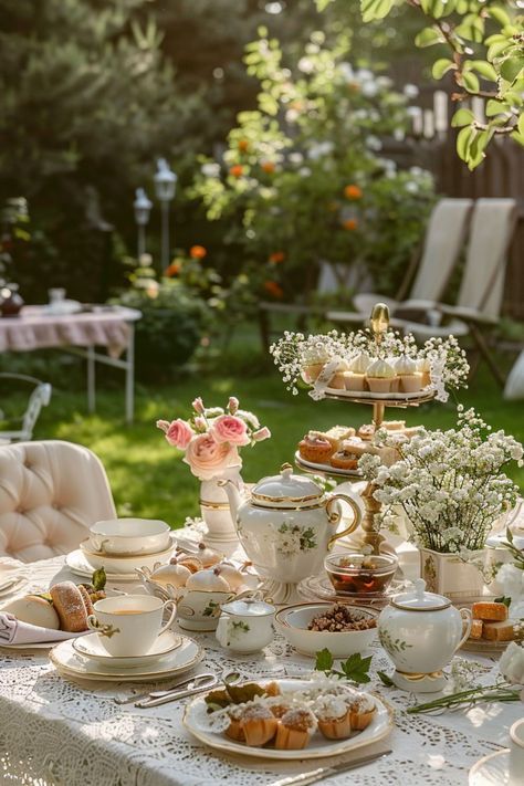 a table that has some tea cups and plates on it with flowers in the middle