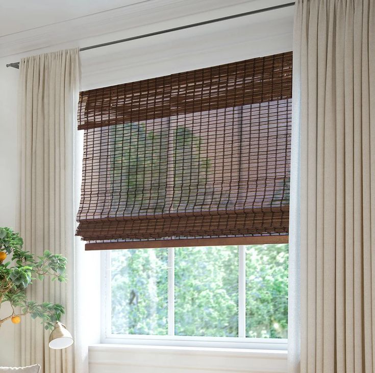 a living room with a window covered in curtains and a potted plant next to the window