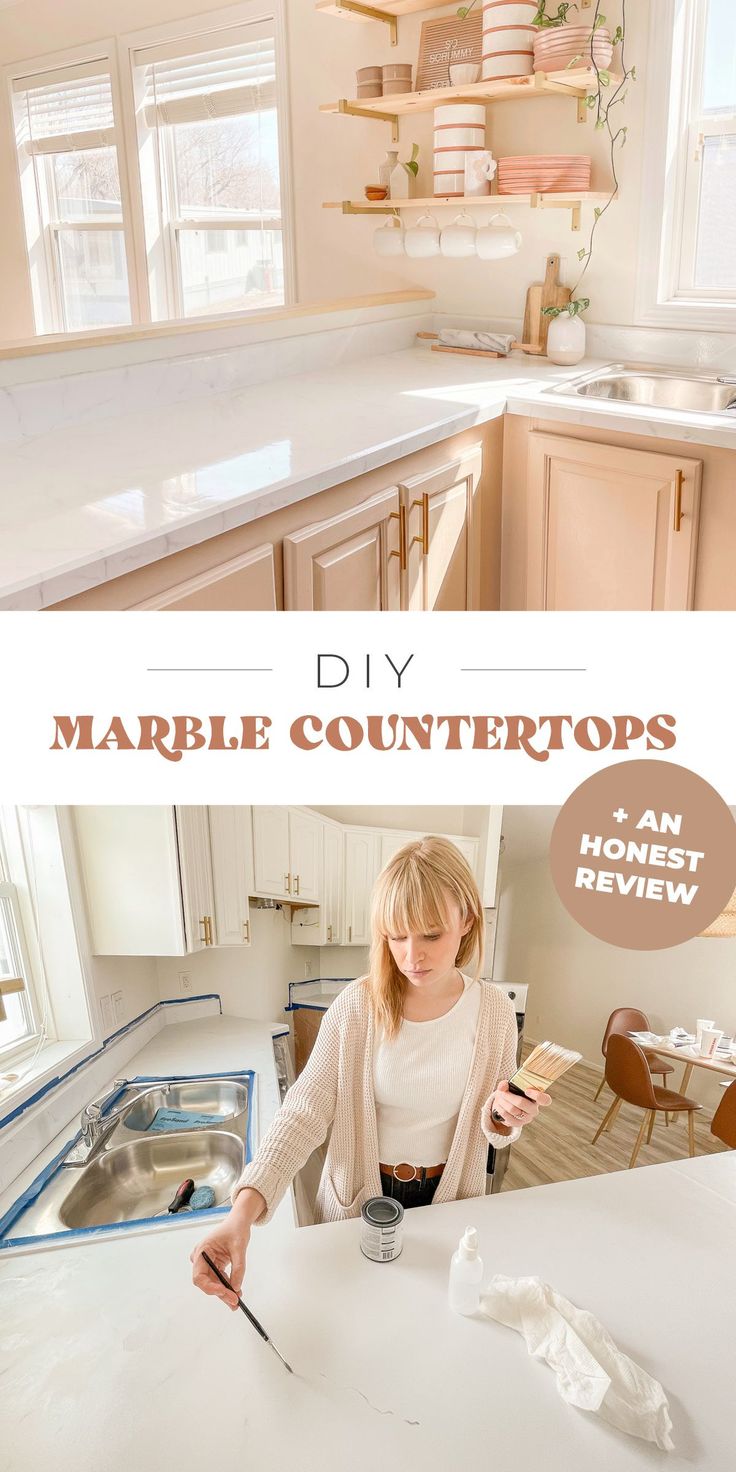 a woman standing in front of a kitchen counter top with the words diy marble countertops on it