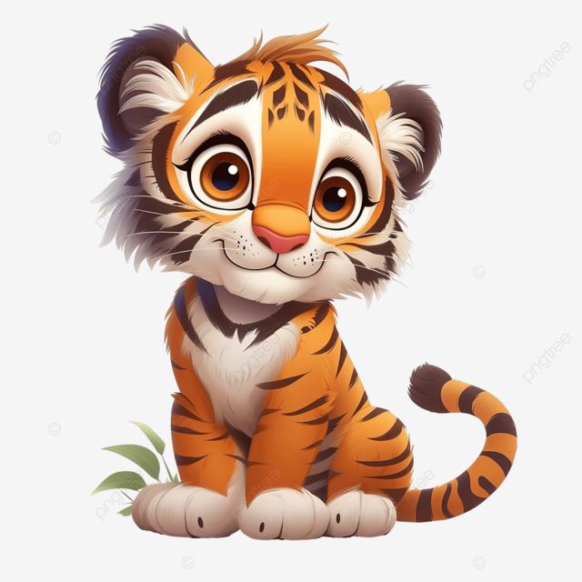 a cartoon tiger sitting on the ground with big eyes, transparent background, animal png and psd