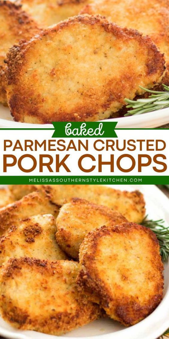 parmesan crusted pork chops on a white plate with rosemary sprigs