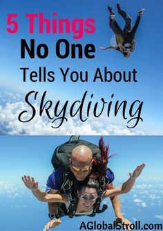 three people are skydiving with the words 5 things no one tells you about skydiving