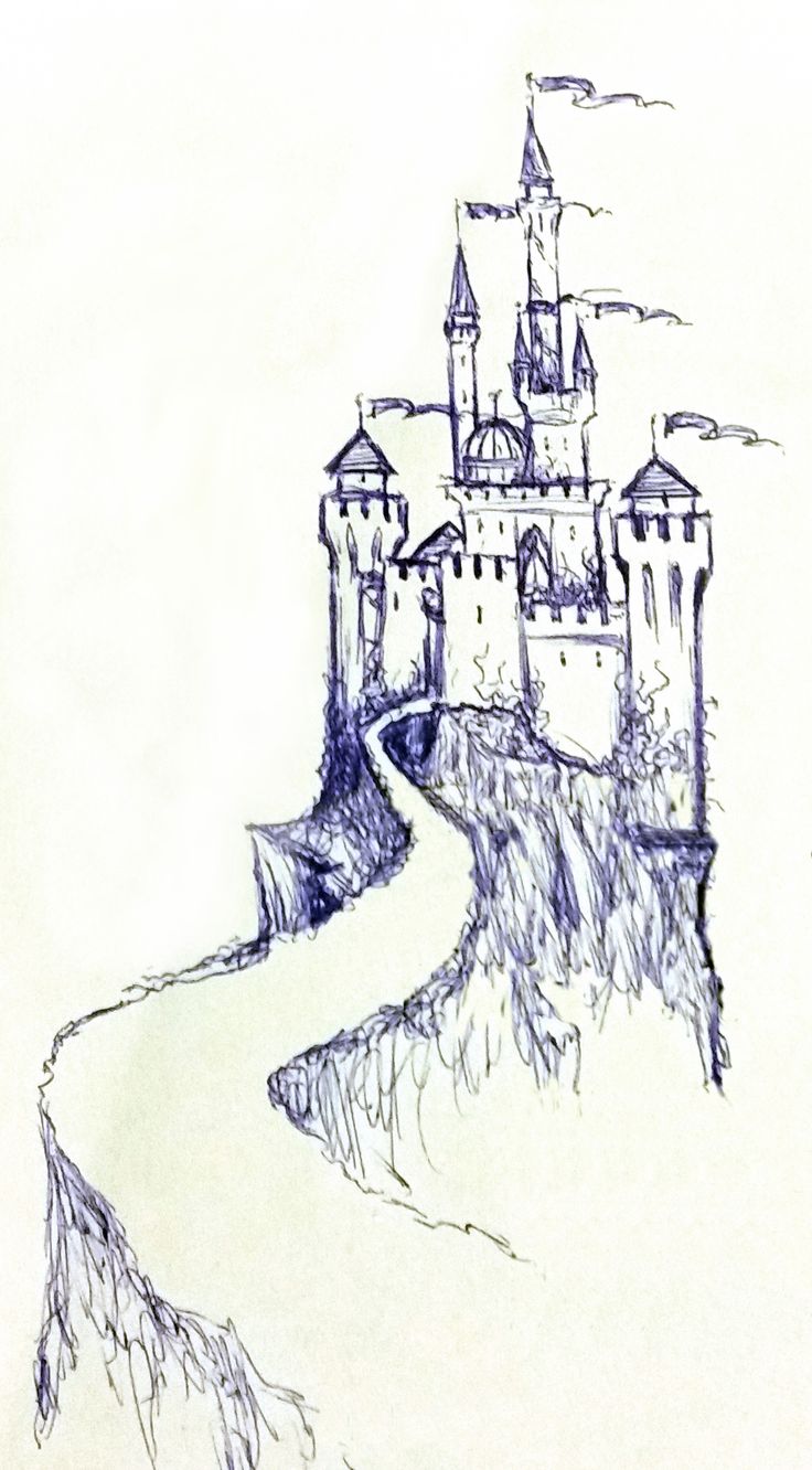 a drawing of a castle on top of a hill with a path leading to it