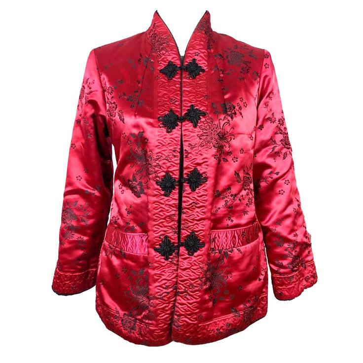 "1970's Reversible Red/Off Fusia Pink Brocade Kimono Jacket > No Size Tag - fits like a Medium, please refer to measurements > Frog Closure > Two exterior pockets > In great condition MEASUREMENTS: Width - 34\" Length - 24\" Sleeve - 20.5\" Shoulder to Shoulder - 15\" Underarm to Underarm - 17.5\" ** Note - All of the inventory in the store are used Vintage items, outside of the homemade beadwork. Please check out the pictures provided and read the description link accordingly, as mo Vintage Red Outerwear With Stand Collar, Vintage Red Embroidered Outerwear, Traditional Red Outerwear With Stand Collar, Traditional Fitted Red Blazer, Vintage Kimono Jacket, Pink Brocade, Brocade Jacket, Frog Closure, 50s Outfits