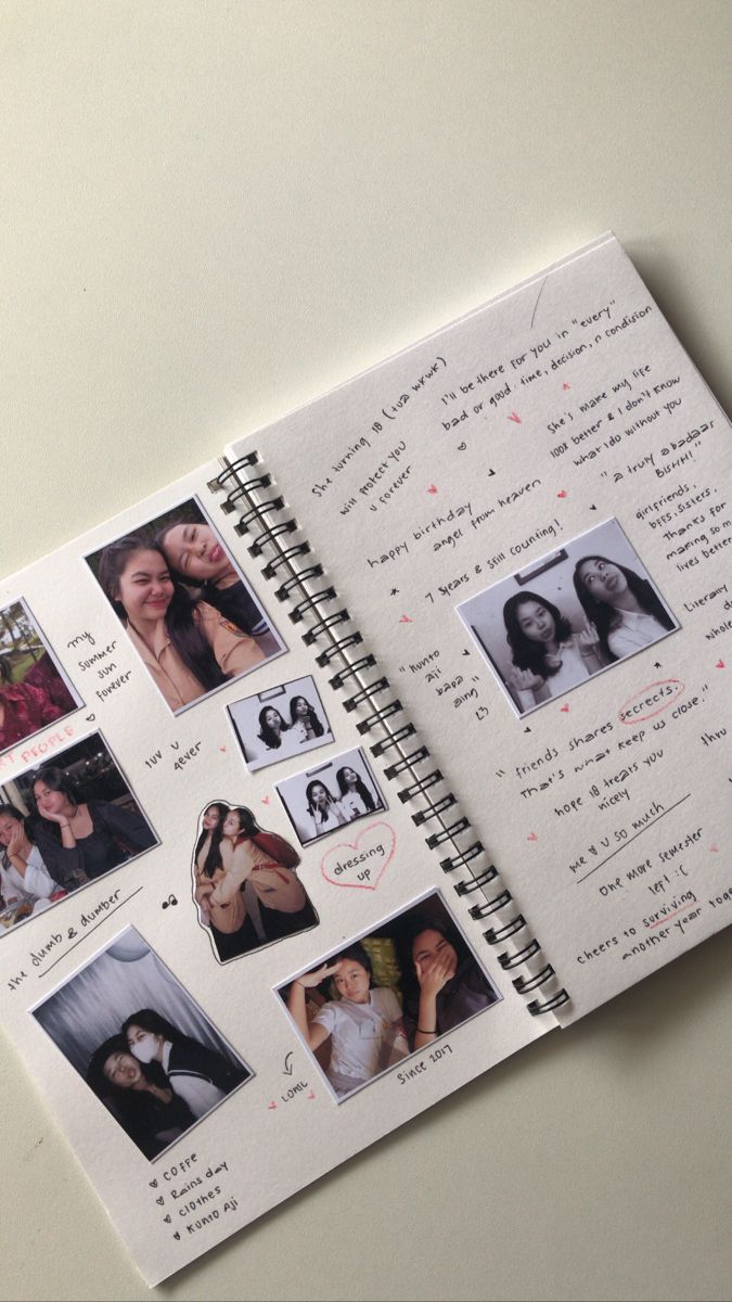 an open spiral notebook with photos on it