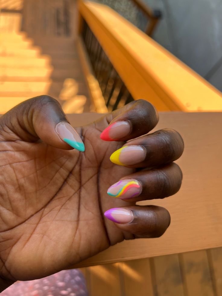 Skittle French Nails, Fun Almond Nail Designs, Colored French Tip Nails Almond, Almond Shape French Tip, Galactic Nails, Rainbow French Tip Nails, Skittles Nails, Tip Nails Almond, French Tip Nails Almond