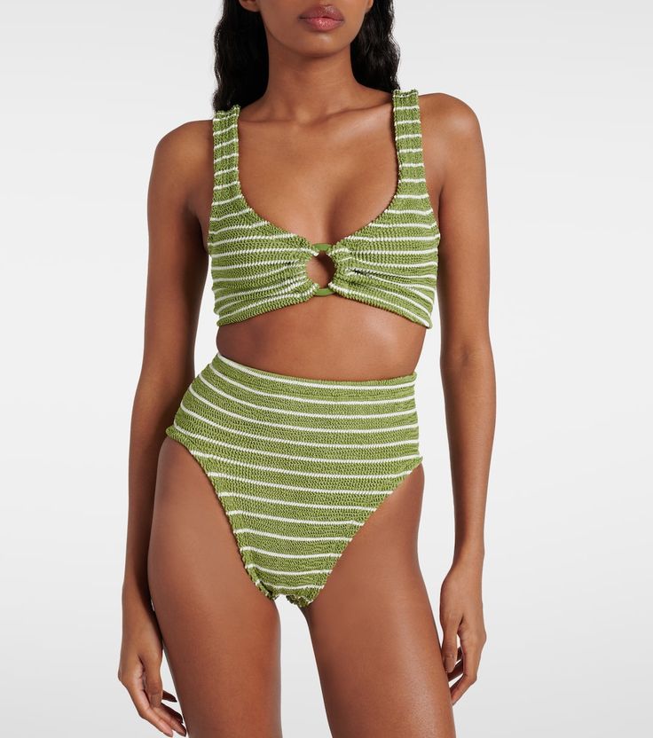 Nadine striped high-rise bikini in green - Hunza G | Mytheresa High Waist Striped Swimwear For Beach Season, Striped High Waist Swimwear For Beach, Striped High-waist Swimwear For Beach, High Waist Striped Swimwear For Summer, Striped High Waist Swimwear For Poolside, Cropped Beachwear Swimwear For Vacation, Cropped Beachwear Swimwear For Poolside, Summer Cropped Swimwear For Pool, Hunza G