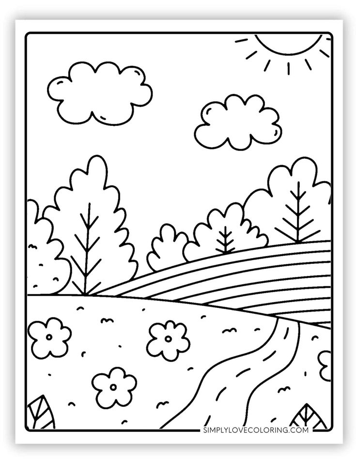 a coloring page with trees and hills