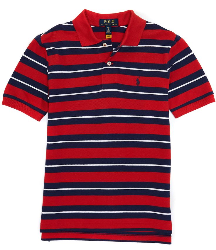 From Polo Ralph Lauren&#x2C; this shirt features: stripe pattern ribbed polo collar2-button placketshort sleeves with ribbed armbandspullover styling signature embroidered pony at the left chesttennis tailcotton meshMachine wash; tumble dryImported. Striped Short Sleeve Polo Shirt With Ribbed Collar, Striped Polo Shirt With Ribbed Collar, Summer Polo Shirt With Horizontal Stripes, Cotton Collared Polo Shirt With Vertical Stripes, Summer Collared Polo Shirt With Horizontal Stripes, Summer Short Sleeve Horizontal Stripe Polo Shirt, Striped Collared Polo Shirt For Summer, Summer Horizontal Stripe Polo Shirt, Summer Striped Collared Polo Shirt