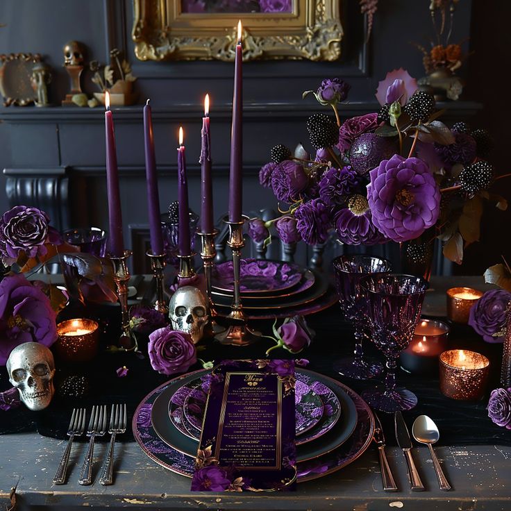 the table is set with purple flowers and skulls, candles, and skull head decorations