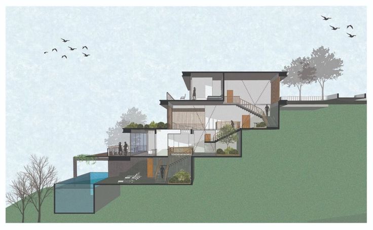 an architectural rendering of a house on a hill with trees and birds flying around it