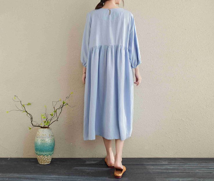 "Casual Big Size Linen Spring and Summer Long Dresses For Women/Soft Linen Dress ★Color:Blue ★Material:100% Linen ★Model Size: -- Model wear size M -- Model is 5'4\"/104lb -- Model measurements (bust 31\" / waist 28.3\" / hips 35\" ) ★ In order to make it more suitable for you. please tell me your body measurements : -- your Height -- your Weight -- your Bust circumference -- your Upper Arm circumference -- Phone number for shipping If you have some specific request or special character, such as Oversized Blue Midi Dress, Blue Plain Dresses For Spring, Blue Plain Spring Dresses, Plain Blue Spring Dresses, Blue Relaxed Fit Solid Color Dress, Blue Relaxed Fit Dress, Relaxed Fit Blue Dress, Oversized Solid Color Dress For Spring, Oversized Solid Color Spring Dress