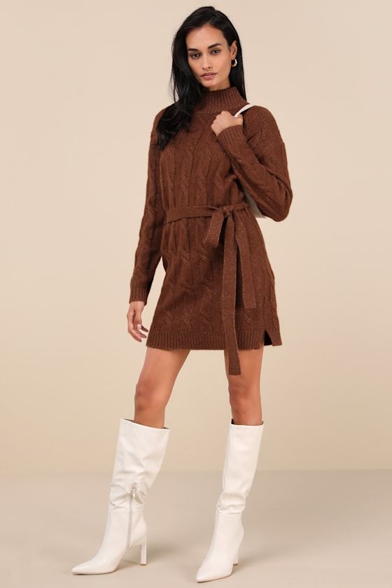 Bundling up for the season has never looked so fabulous thanks to the Lulus Warmed Up To You Brown Cable Knit Mock Neck Sweater Dress! Thick, cozy wool-blend cable knit (with a subtle marled effect throughout) shapes a mock neckline, long sleeves, and a relaxed bodice. The shift silhouette falls to a cute mini hem and features a tying belt that allows you to cinch the waist. Contrasting ribbed knit accents the neckline, cuffs, and hem. Fit: This garment fits true to size. Length: Mid-thigh. Size Gizele Oliveira, Cable Knit Dress, Mock Neck Sweater Dress, The Shift, Comfortable Room, Mock Neckline, Mock Neck Sweater, Large Size Dresses, Cable Knit