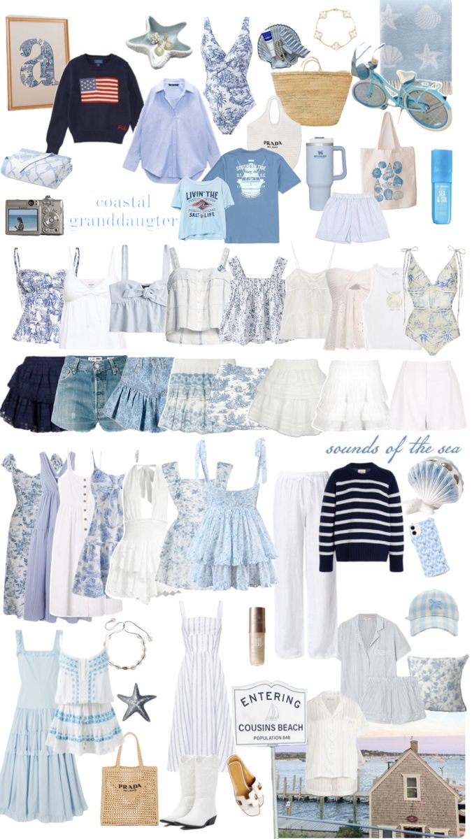 a collage of blue and white clothes