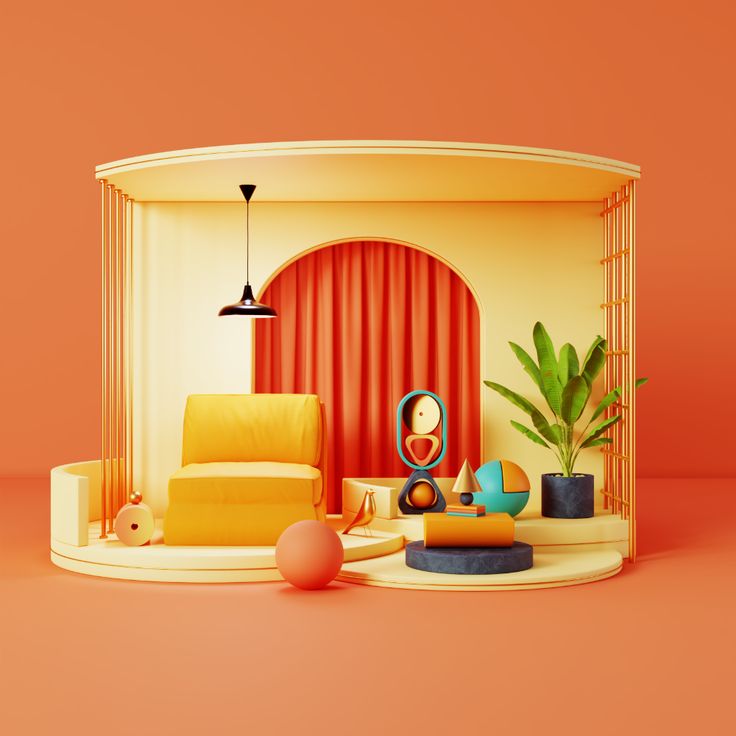 a living room with an orange wall and yellow furniture on the floor, in front of a red curtain