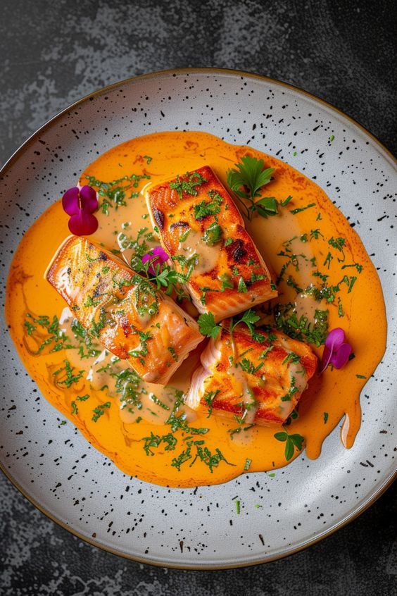 a white plate topped with fish covered in sauce and garnished with parsley