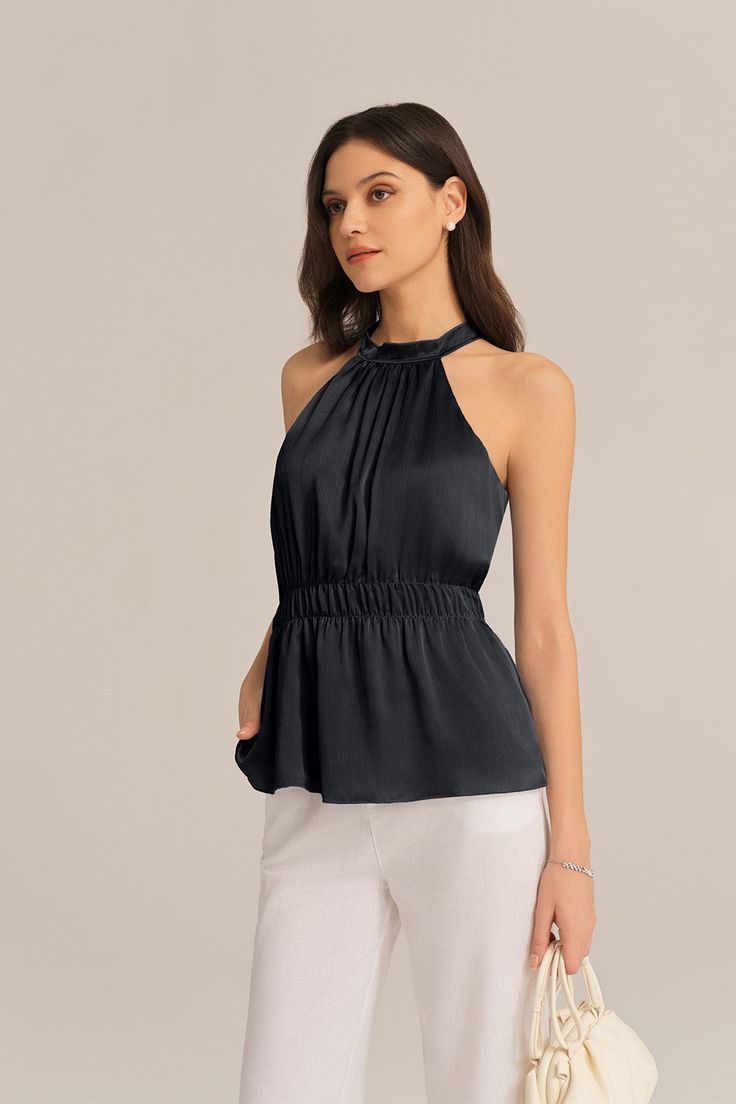 Add a touch of edgy sophistication to your wardrobe with this halterneck tops. The cut-out shoulder design and the keyhole back adds a touch of elegance and trendy. The elastic waist ensures a comfortable and flattering fit. Perfect for both casual and dressy occasions, these tops will elevate your style.Material : 98%Polyester+2%ViscoseElasticity : NoneSku : CLD027S24*Package : 1*TopsCare instructions:Do Not Bleach.Separate dark colors.Iron Low Heat. Chic Black High Neck Halter Top, Black High Neck Tops For Evening, Chic Evening Tank Top In Solid Color, Black High Neck Top For Evening, Black High Neck Evening Tops, Chic Solid Color Halter Top For Evening, Chic Halter Top For Evening, Chic Evening Halter Top, Chic High Neck Tops For Night Out