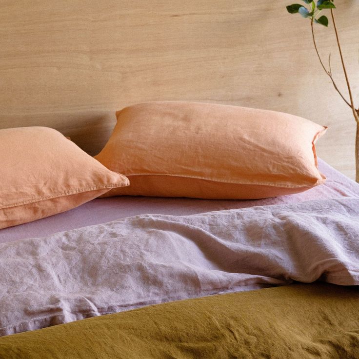 two orange pillows on top of a bed next to a vase with a plant in it