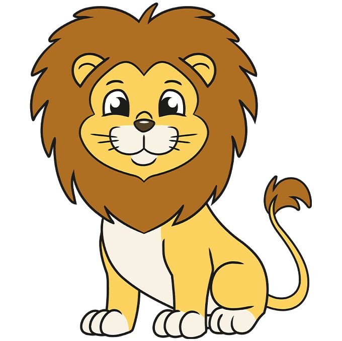 a cartoon lion sitting down and smiling